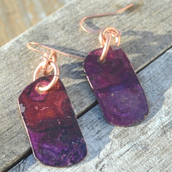 Minimalist Abstract Geometric Purple Pink  Solid Copper Cute little Earrings - Picture 3 of 4